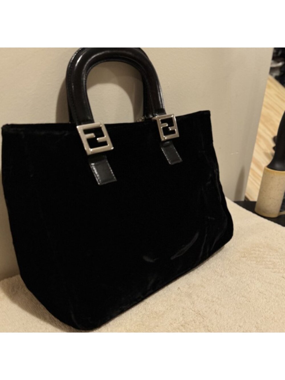 Vintage Fendi Black Velvet FF Top Handle Hand Bag Silver Hardware Made Italy - Picture 3 of 12